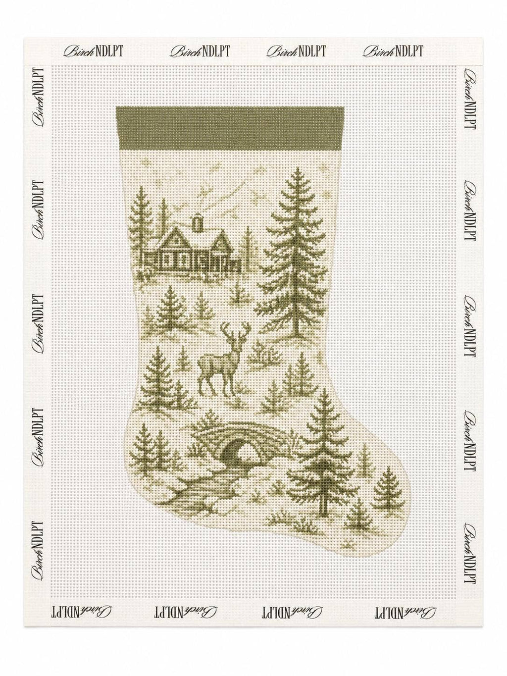 Green Toile Christmas Stocking 13 Mesh Needlepoint