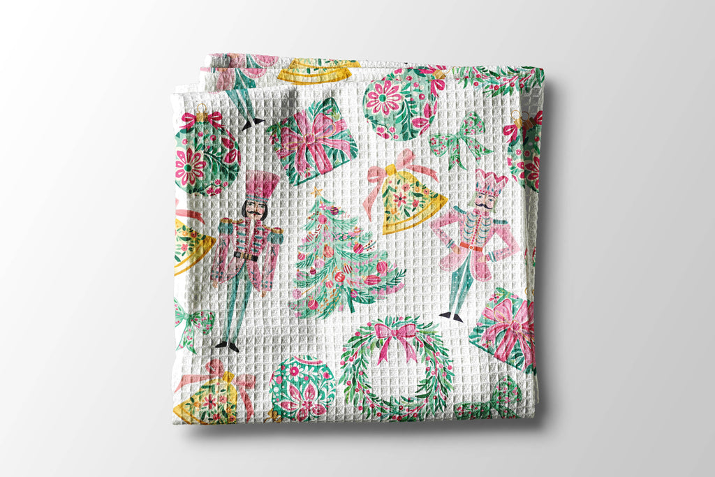 Nutcracker Pink Chinoiserie Christmas Kitchen Towel Waffle