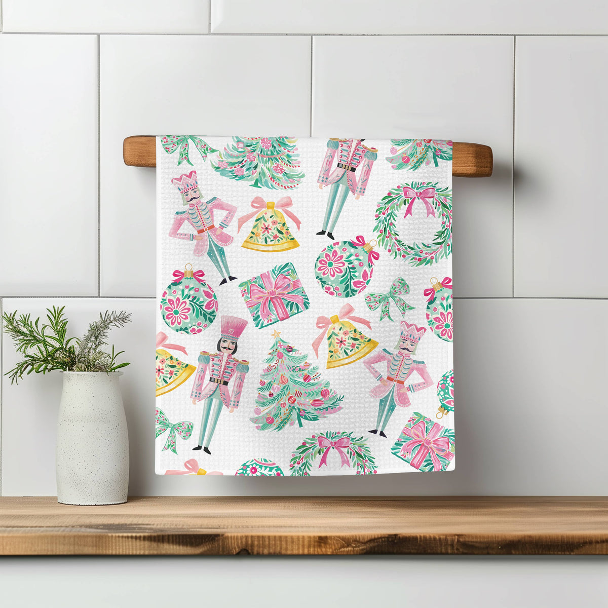Nutcracker Pink Chinoiserie Christmas Kitchen Towel Waffle